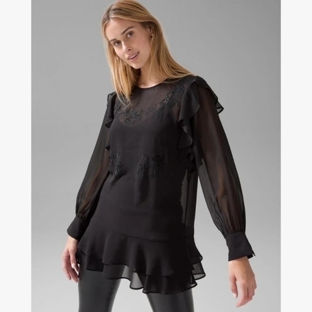 White House Black Market NWT Ebony Black Chiffon Applique Tunic with‎ Ruffles